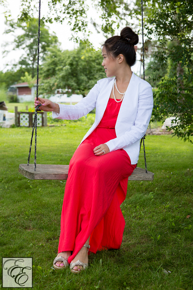 red dress with white blazer