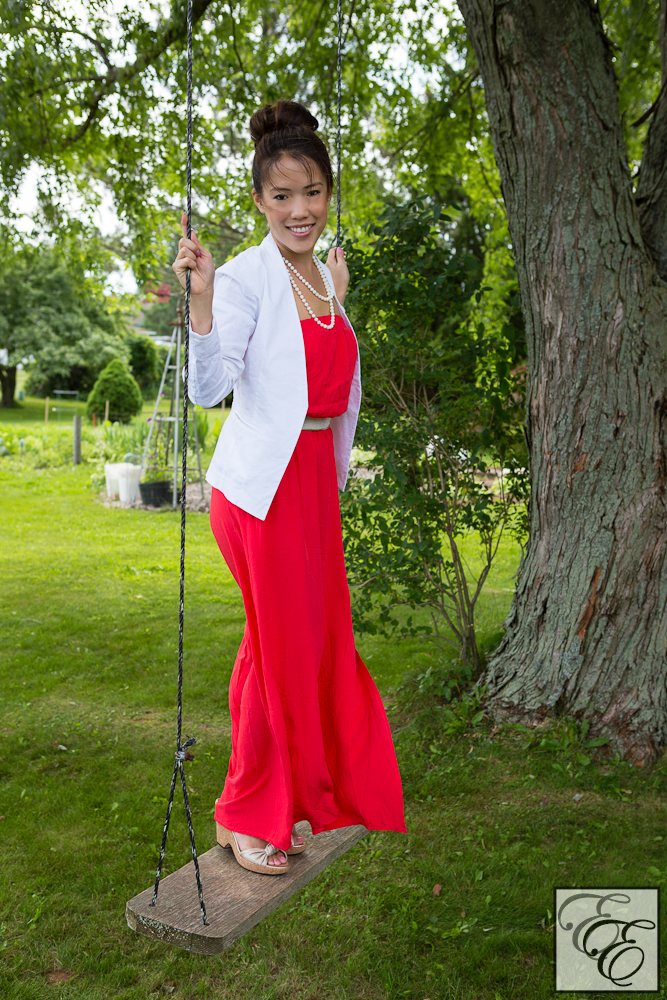 Red dress white store blazer