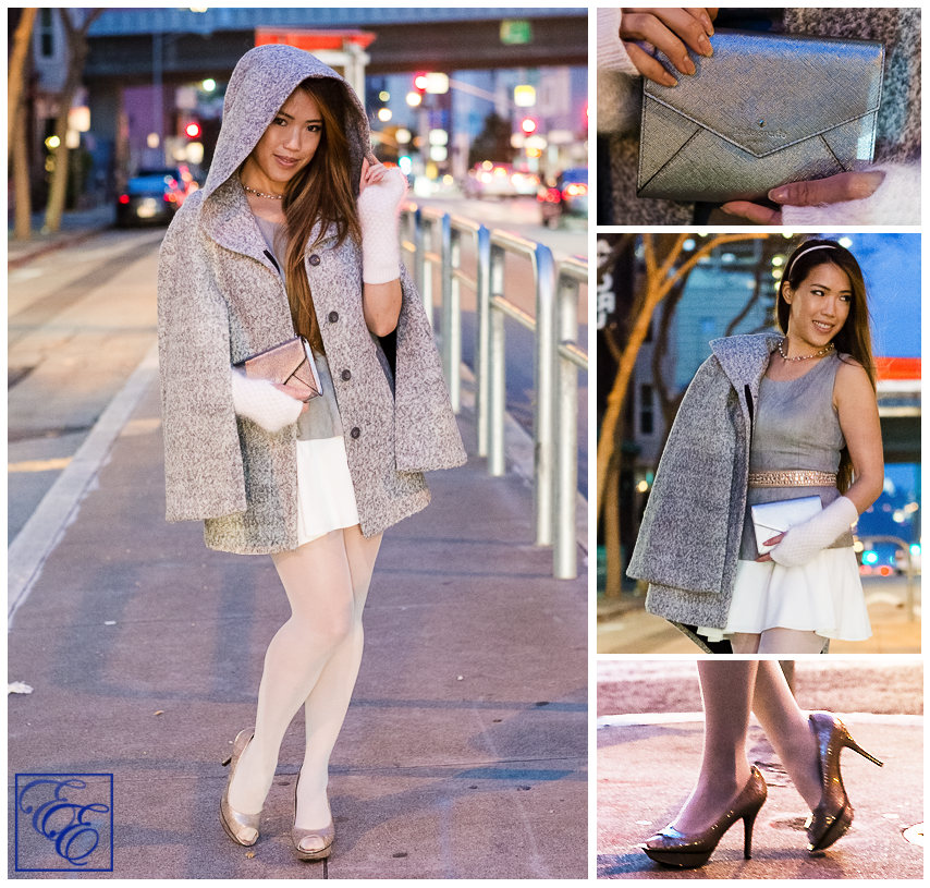 Outfit details: light grey cape, peplum top, white flared skirt, grey hosiery, arm warmers, and metallic pumps and clutch