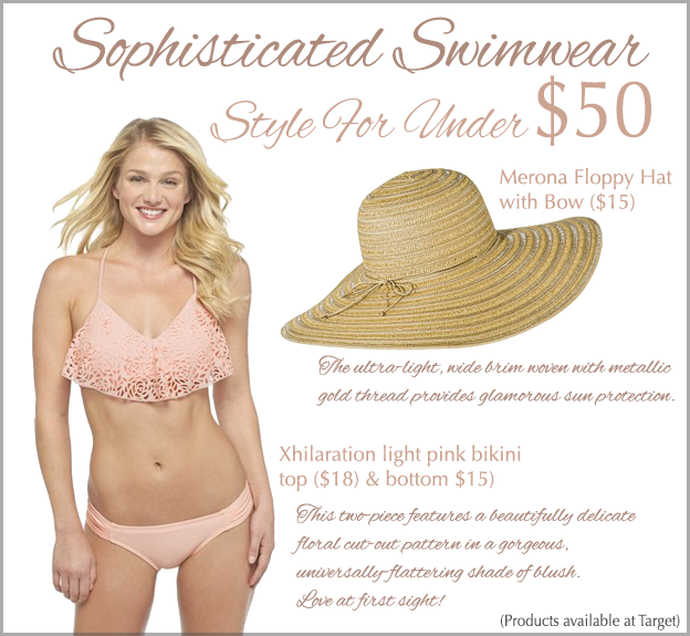 Target Style - Sophisticated Swimwear Look for Less than $50 - Style on a budget! Two-piece bikini and straw wide-brimmed hat.