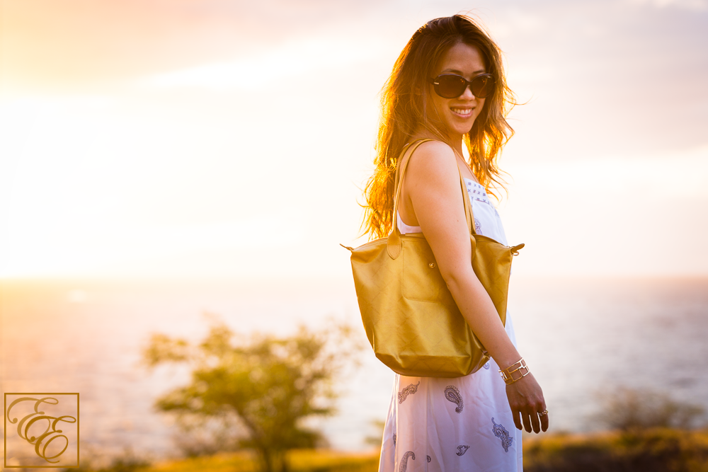 Beach Sunset Style: Longchamp gold bag, Michael Kors shades, and Club Monaco silk maxi dress