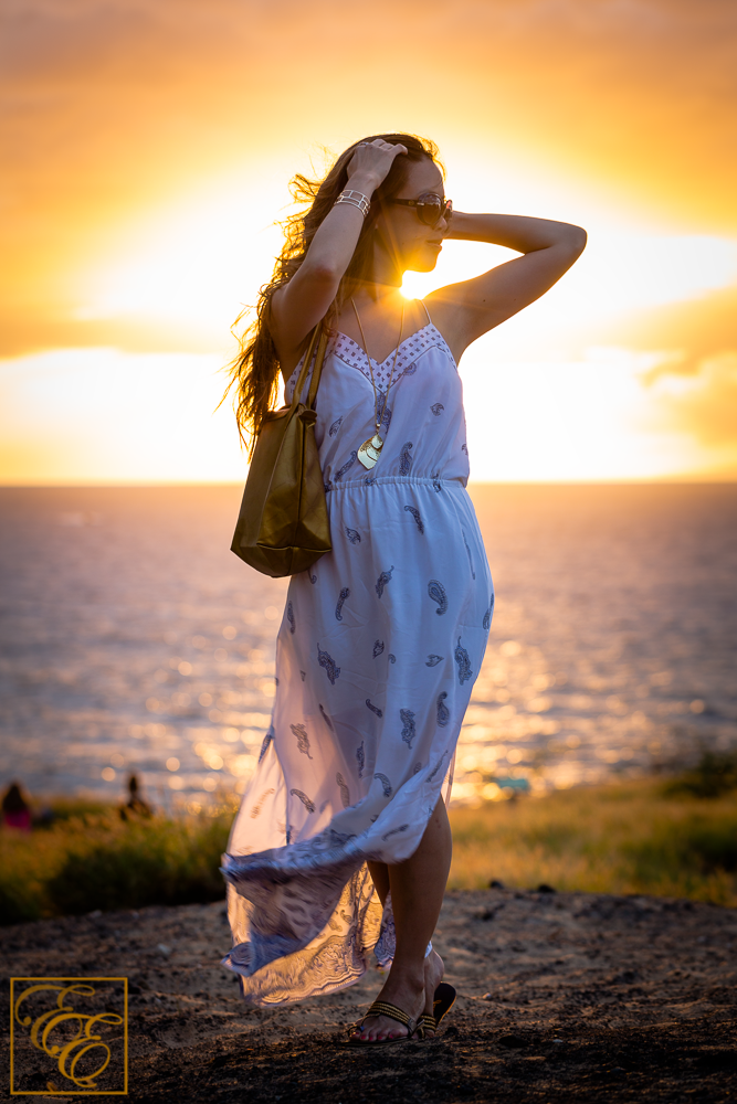 Club Monaco silk maxi dress and Fuchsia gold strappy rope sandals for tropical, beachy chic style. Gorgeous sunset shot.