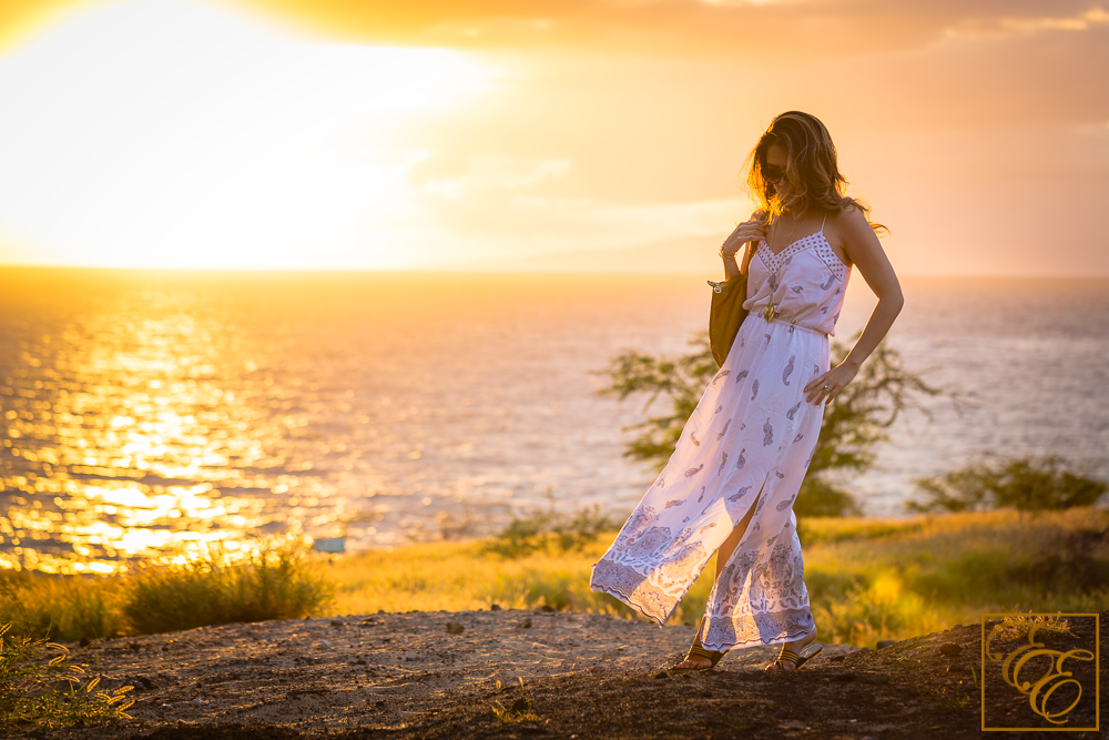 Club Monaco silk maxi dress and Fuchsia gold strappy rope sandals for tropical, beachy chic style. Wind blowing through dress.