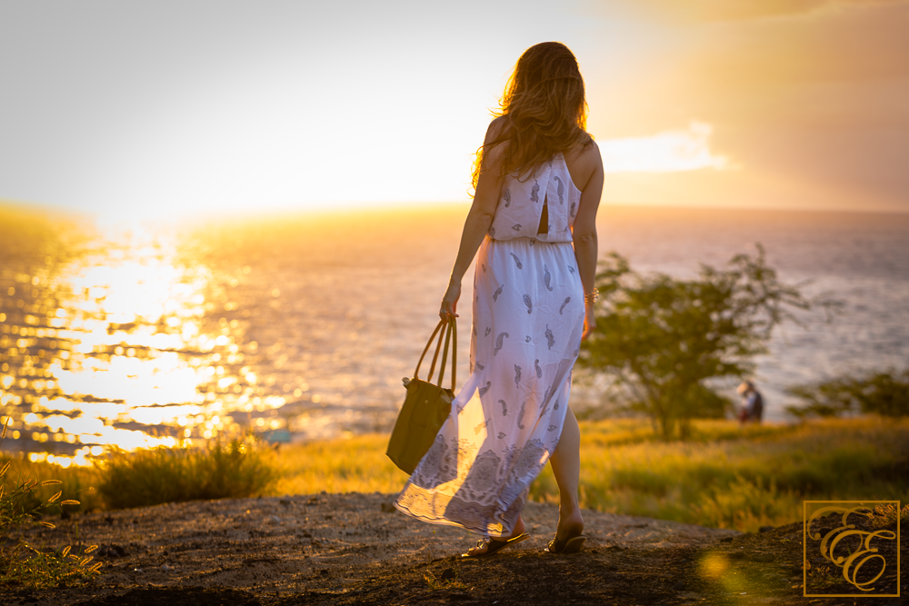 Club Monaco silk maxi dress and Fuchsia gold strappy rope sandals for tropical, beachy chic style. Looking off into the sunset.