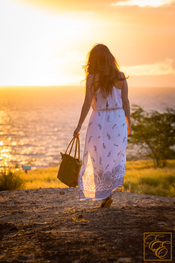 Club Monaco silk maxi dress and Fuchsia gold strappy rope sandals for tropical, beachy chic style. Back view