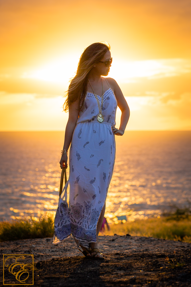 Tropical Beach Sunset Style Silk Maxi Dress Gold Rope Sandals