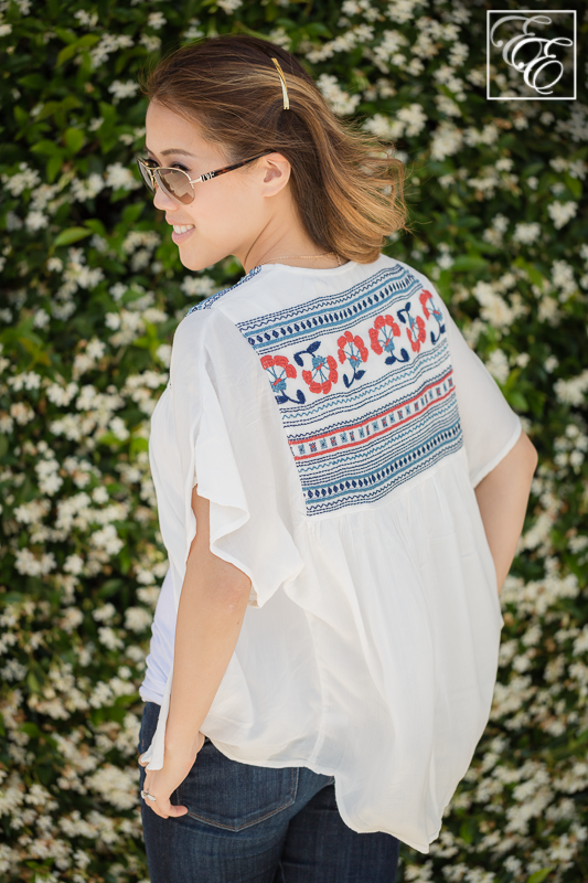 Target Tribal Print Red and Blue Embroidered Flower Top with White Tank, Jeans, and Wedge Sandals