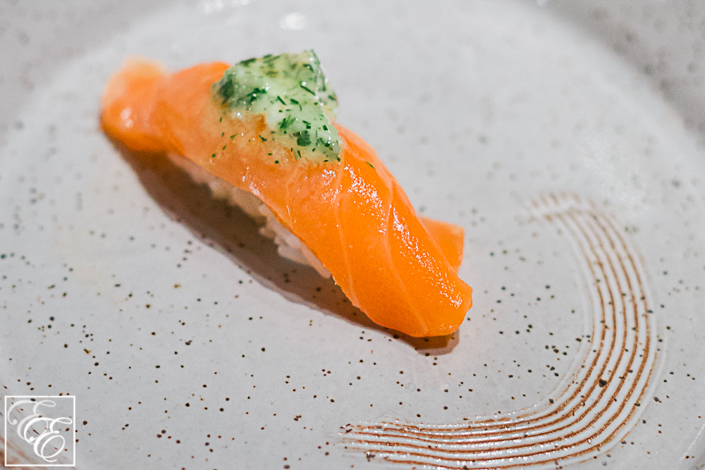 Seared salmon nigiri with basil aioli