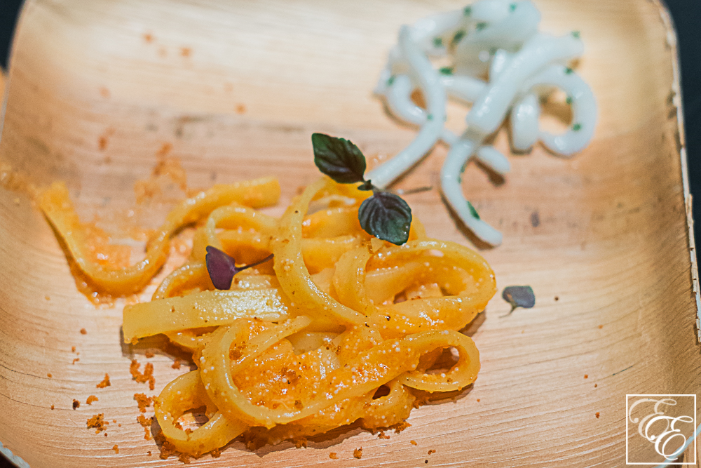 Spicy mentaiko gluten-free fettuccine with picked squid