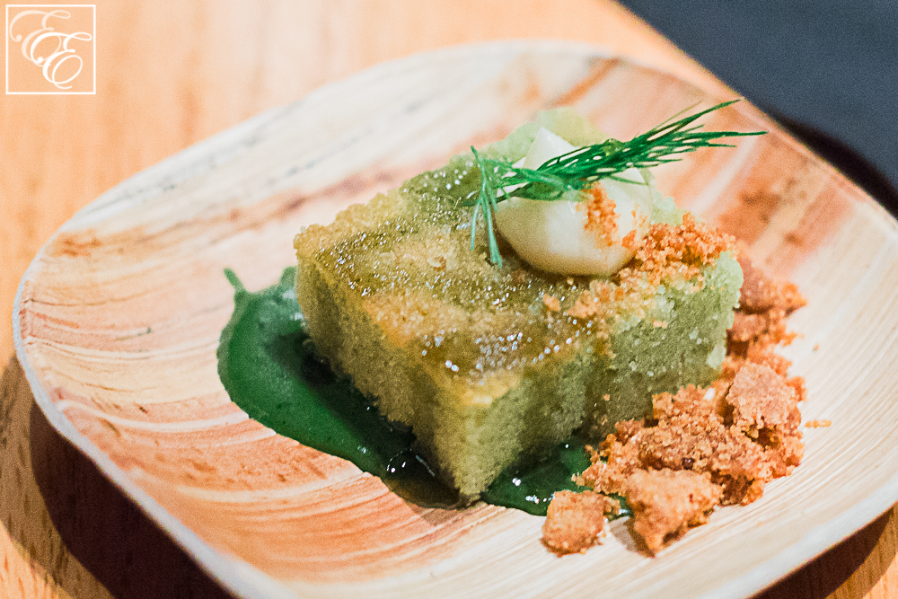 Matcha cake with miso cream, dill honey, and kinako crumble