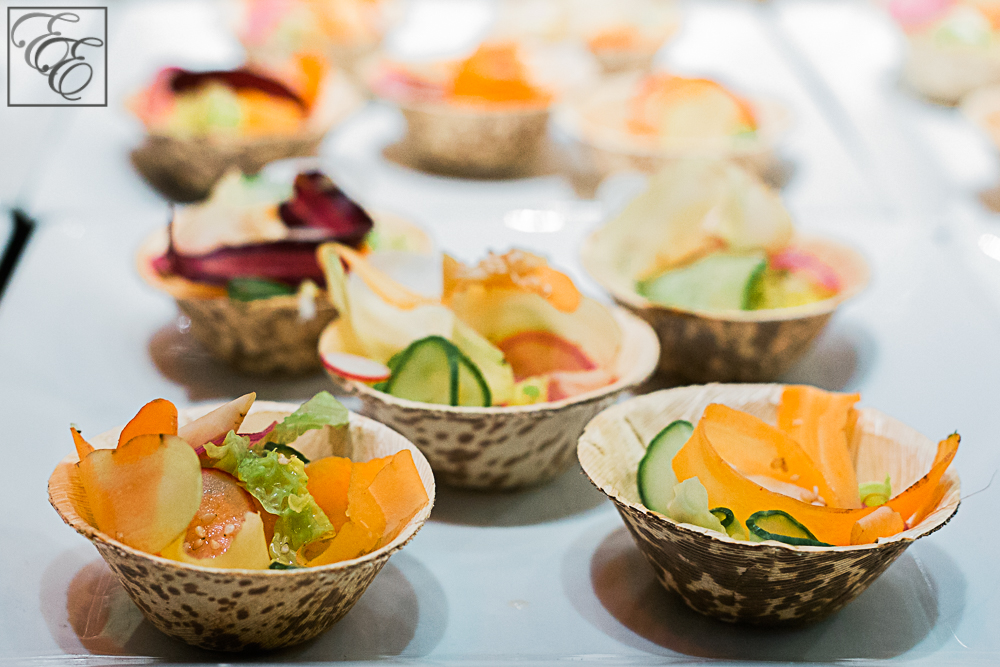 Seasonal sunomono of radishes, cabbage, heirloom carrots, pickled cucumber, burdock root, and yuzu ume vinegar