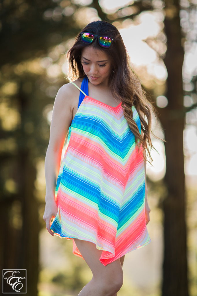 Target neon chevron swimsuit cover-up and metallic rainbow sunglasses