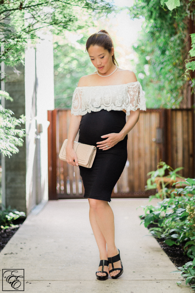 Pregnant Style: How to Wear a Crop Top While Pregnant! (white lace off-the-shoulder top with black pencil skirt)