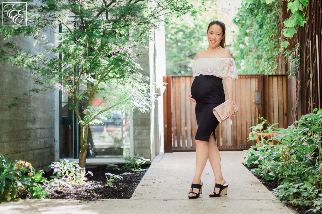 Pregnant Style: How to Wear a Crop Top While Pregnant! (white lace off-the-shoulder top with black pencil skirt)