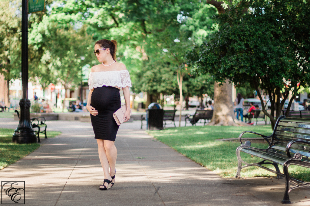 Pregnant Style: How to Wear a Crop Top While Pregnant! (white lace off-the-shoulder top with black pencil skirt)