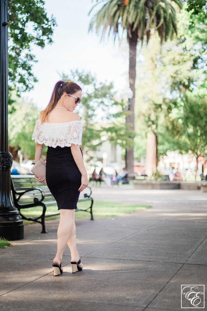 Pregnant Style: How to Wear a Crop Top While Pregnant! (white lace off-the-shoulder top with black pencil skirt)
