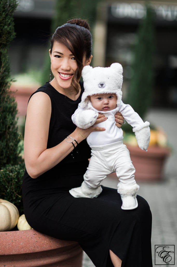 Black sheath nursing dress and baby bear costume